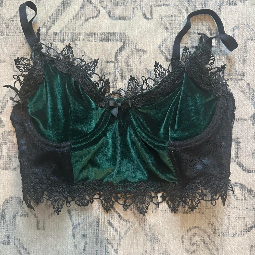 Dolls Kill Green Velvet Bralette with Black Lace